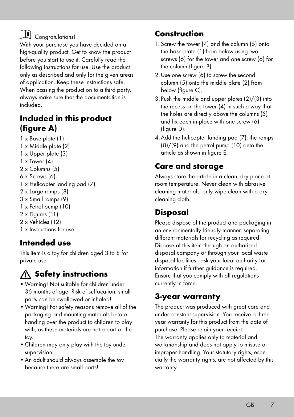 Construction, Care and storage, Disposal | Year warranty, Included in this product (figure a), Intended use, Safety instructions | Playtive CAR PARK User Manual | Page 5 / 10