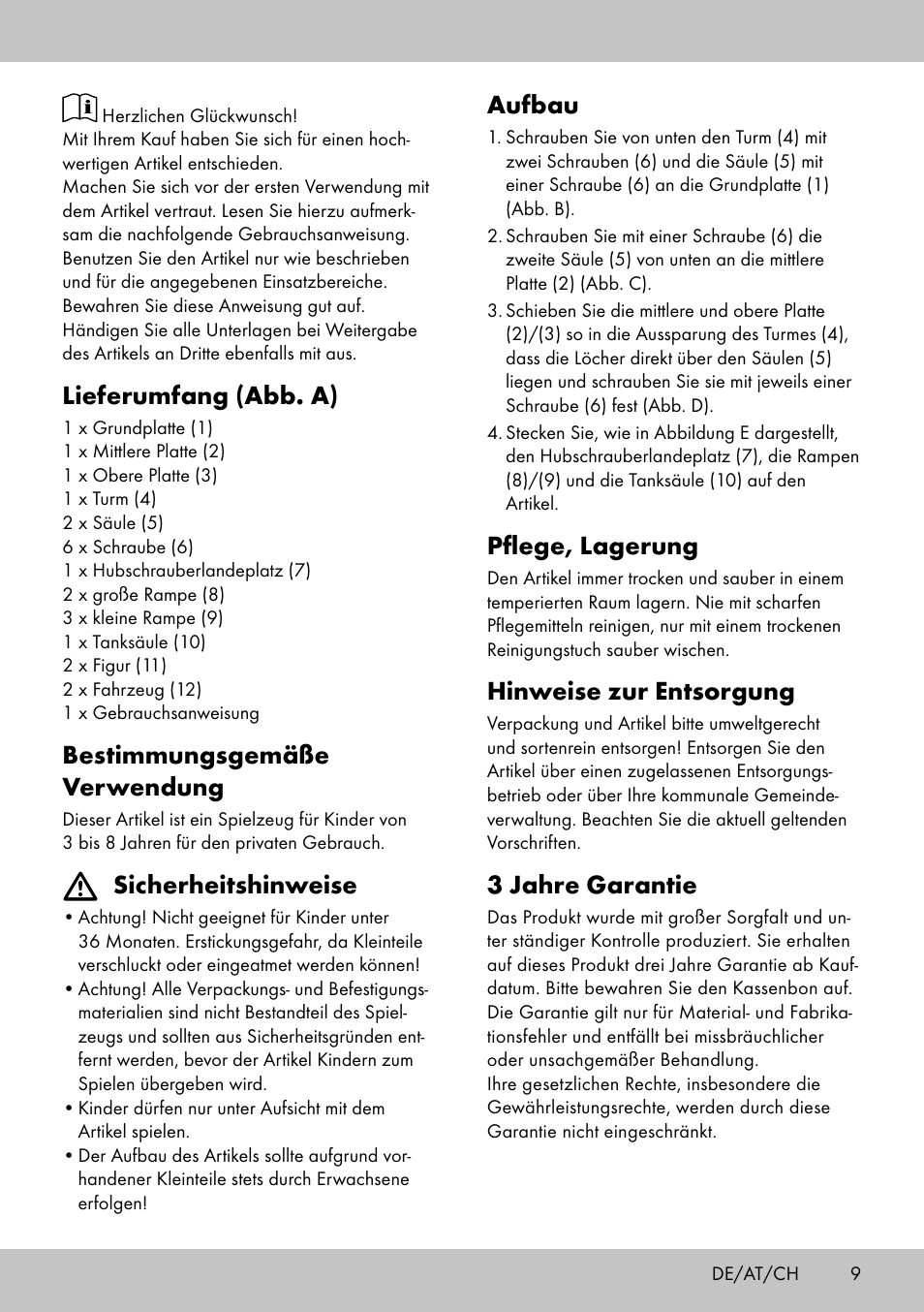 Lieferumfang (abb. a), Bestimmungsgemäße verwendung, Sicherheitshinweise | Aufbau, Pflege, lagerung, Hinweise zur entsorgung, 3 jahre garantie | Playtive CAR PARK User Manual | Page 7 / 10