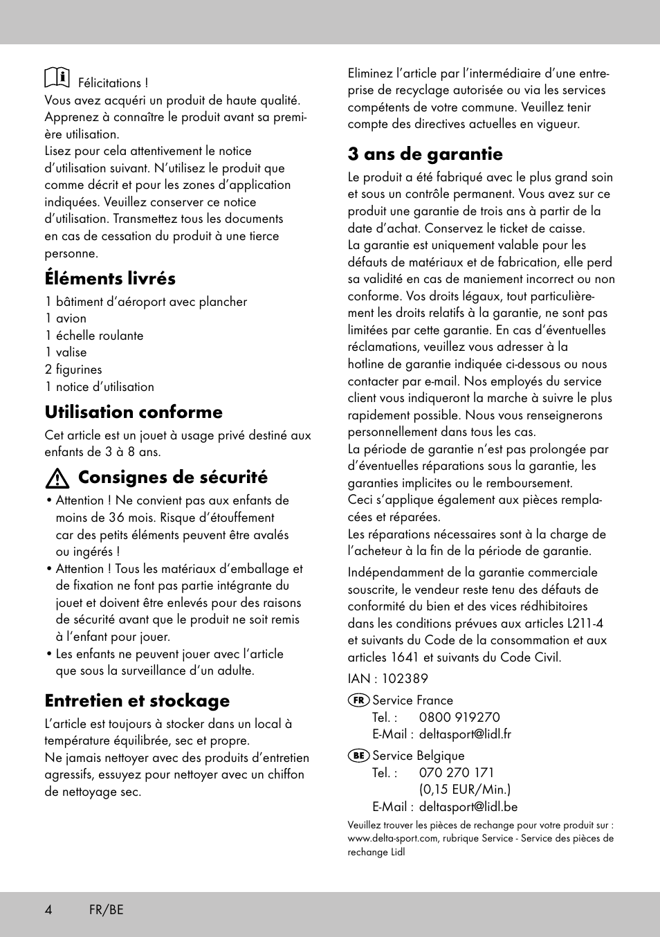 3 ans de garantie, Éléments livrés, Utilisation conforme | Consignes de sécurité, Entretien et stockage | Playtive AIRPORT User Manual | Page 4 / 8