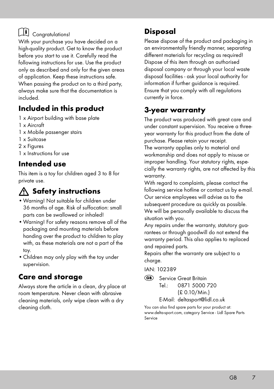 Disposal, Year warranty, Included in this product | Intended use, Safety instructions, Care and storage | Playtive AIRPORT User Manual | Page 7 / 8