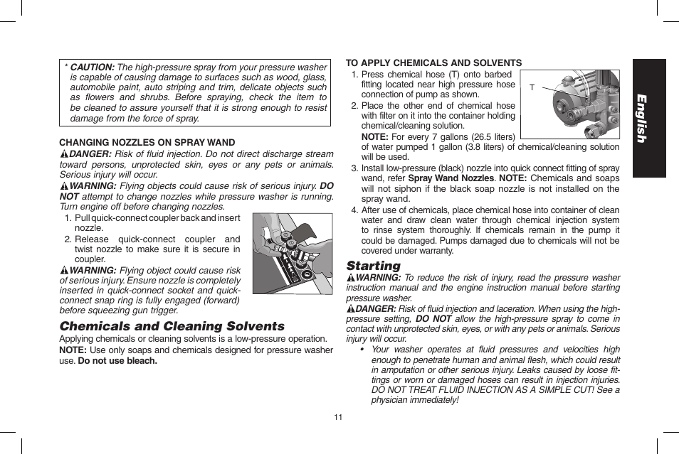 English, Starting, Chemicals and cleaning solvents | DeWalt N000589 User Manual | Page 11 / 64