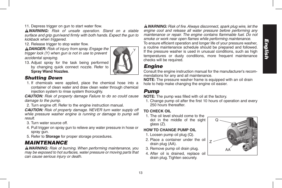 English, Maintenance, Engine | Pump | DeWalt N000589 User Manual | Page 13 / 64