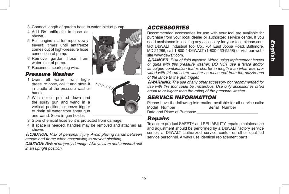 English, Pressure washer, Accessories | Service information, Repairs | DeWalt N000589 User Manual | Page 15 / 64