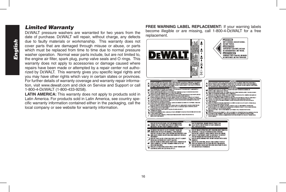 English limited warranty | DeWalt N000589 User Manual | Page 16 / 64