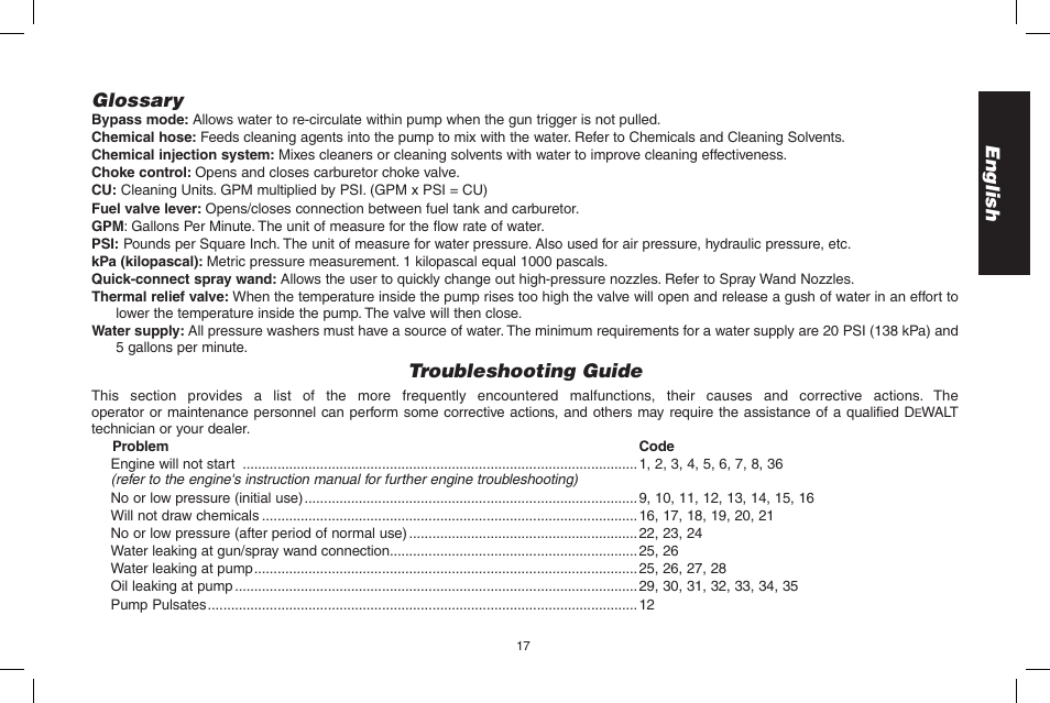 English glossary, Troubleshooting guide | DeWalt N000589 User Manual | Page 17 / 64