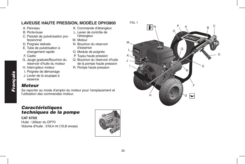 Français caractéristiques techniques de la pompe, Moteur, Laveuse haute pression, modèle dph3800 | DeWalt N000589 User Manual | Page 20 / 64