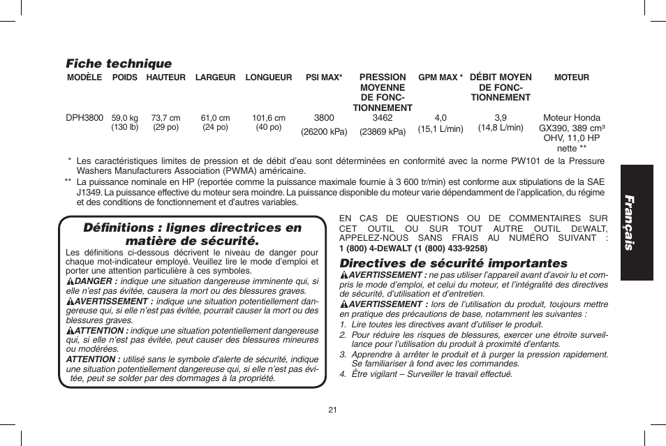 Directives de sécurité importantes, Fiche technique | DeWalt N000589 User Manual | Page 21 / 64