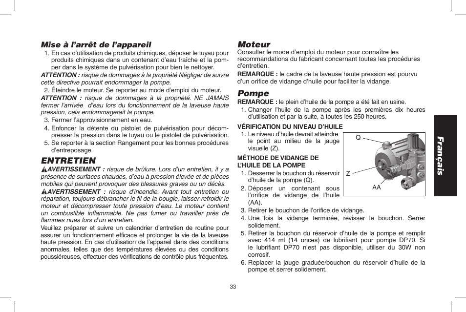 Français, Entretien, Moteur | Pompe | DeWalt N000589 User Manual | Page 33 / 64