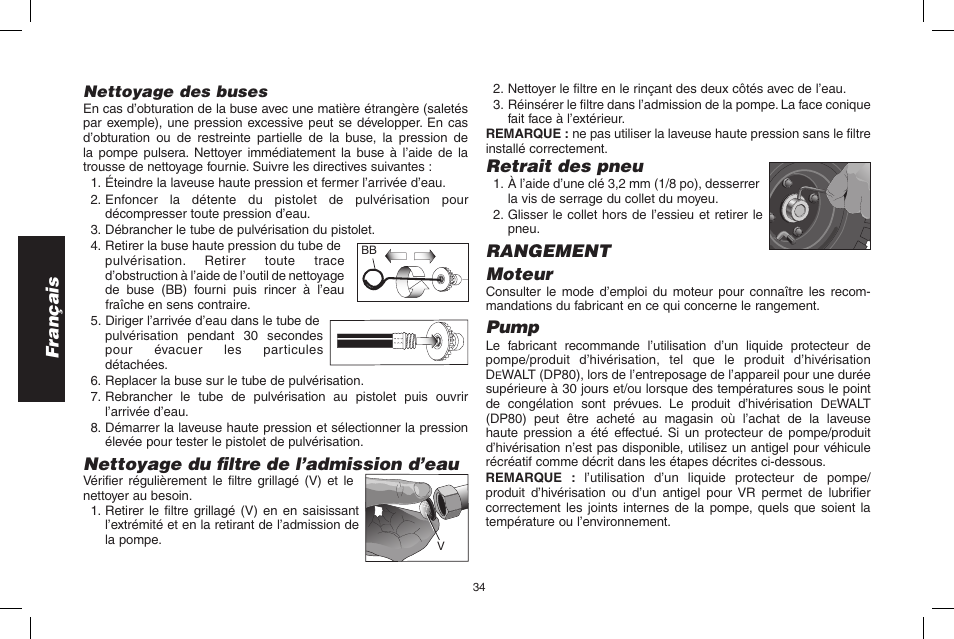 Français, Nettoyage du filtre de l’admission d’eau, Retrait des pneu | Rangement moteur, Pump | DeWalt N000589 User Manual | Page 34 / 64