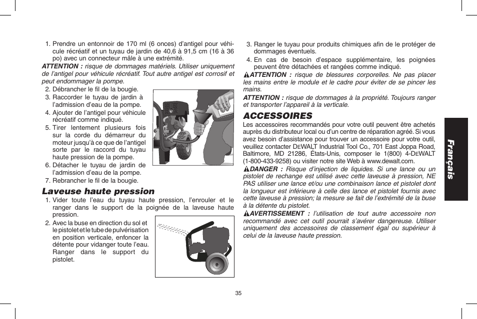 Français, Laveuse haute pression, Accessoires | DeWalt N000589 User Manual | Page 35 / 64