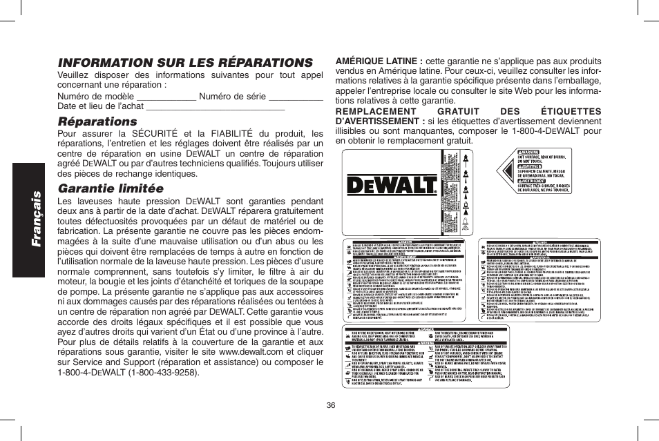 Français information sur les réparations, Réparations, Garantie limitée | DeWalt N000589 User Manual | Page 36 / 64