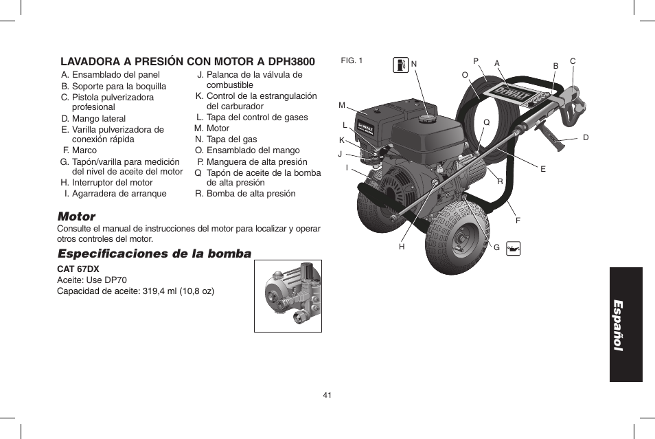 Español motor, Especificaciones de la bomba, Lavadora a presión con motor a dph3800 | DeWalt N000589 User Manual | Page 41 / 64