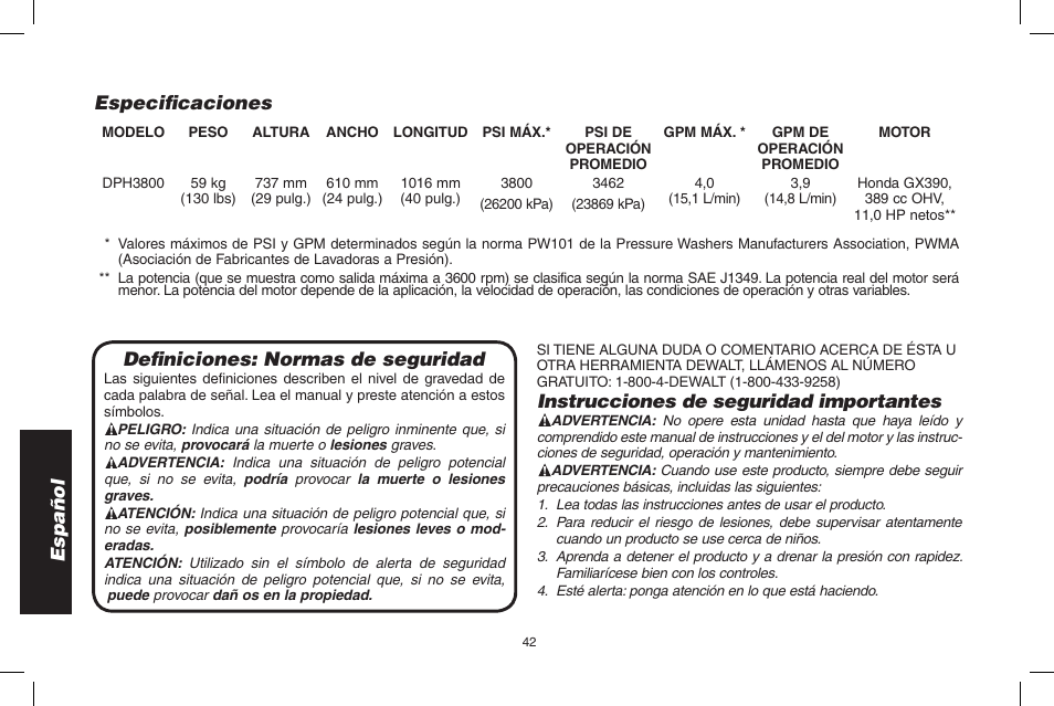 Español especificaciones, Definiciones: normas de seguridad, Instrucciones de seguridad importantes | DeWalt N000589 User Manual | Page 42 / 64