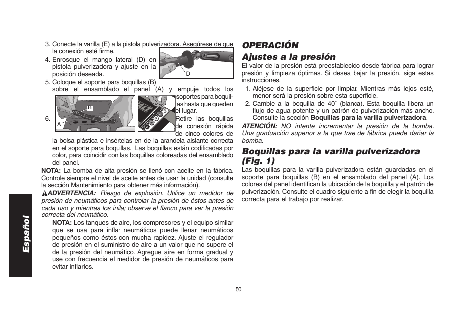 Español, Operación ajustes a la presión, Boquillas para la varilla pulverizadora (fig. 1) | DeWalt N000589 User Manual | Page 50 / 64