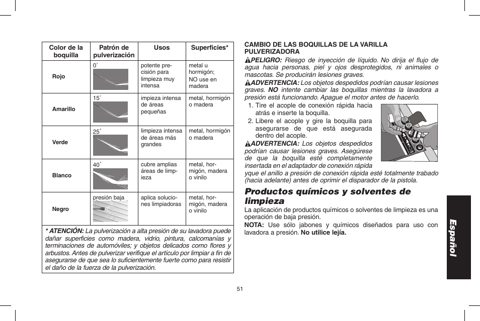 Español, Productos químicos y solventes de limpieza | DeWalt N000589 User Manual | Page 51 / 64