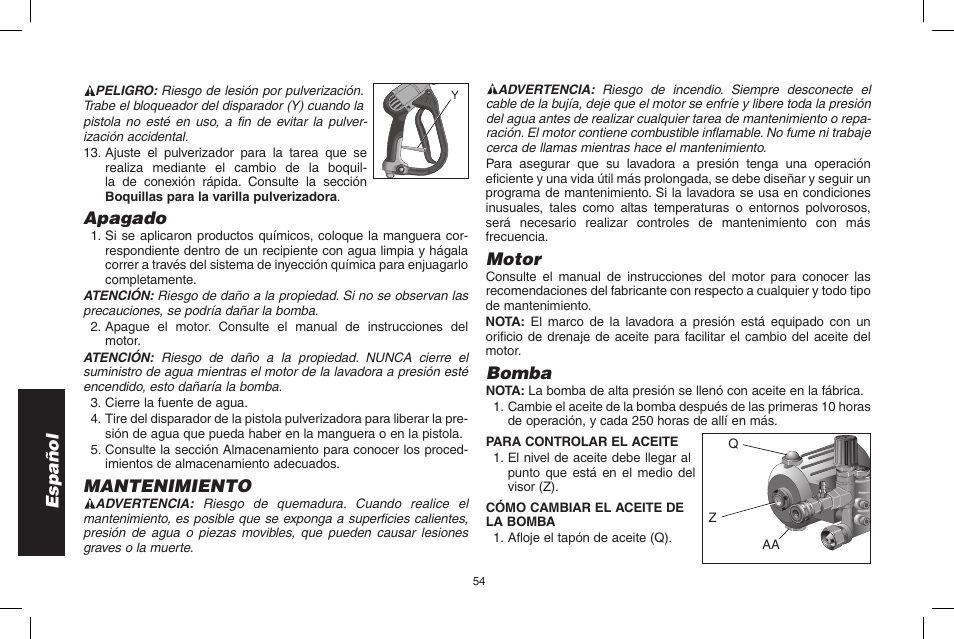 Español, Apagado, Mantenimiento | Motor, Bomba | DeWalt N000589 User Manual | Page 54 / 64