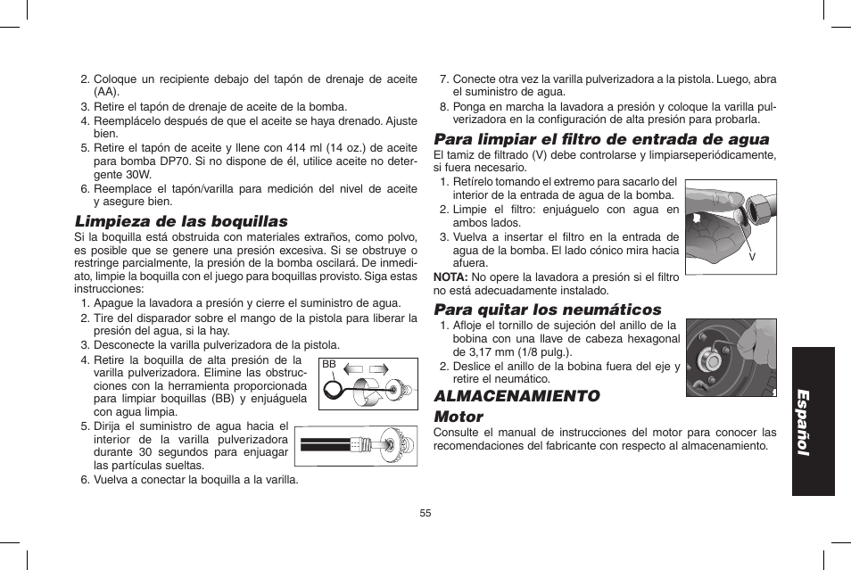 Español, Limpieza de las boquillas, Para limpiar el filtro de entrada de agua | Para quitar los neumáticos, Almacenamiento motor | DeWalt N000589 User Manual | Page 55 / 64