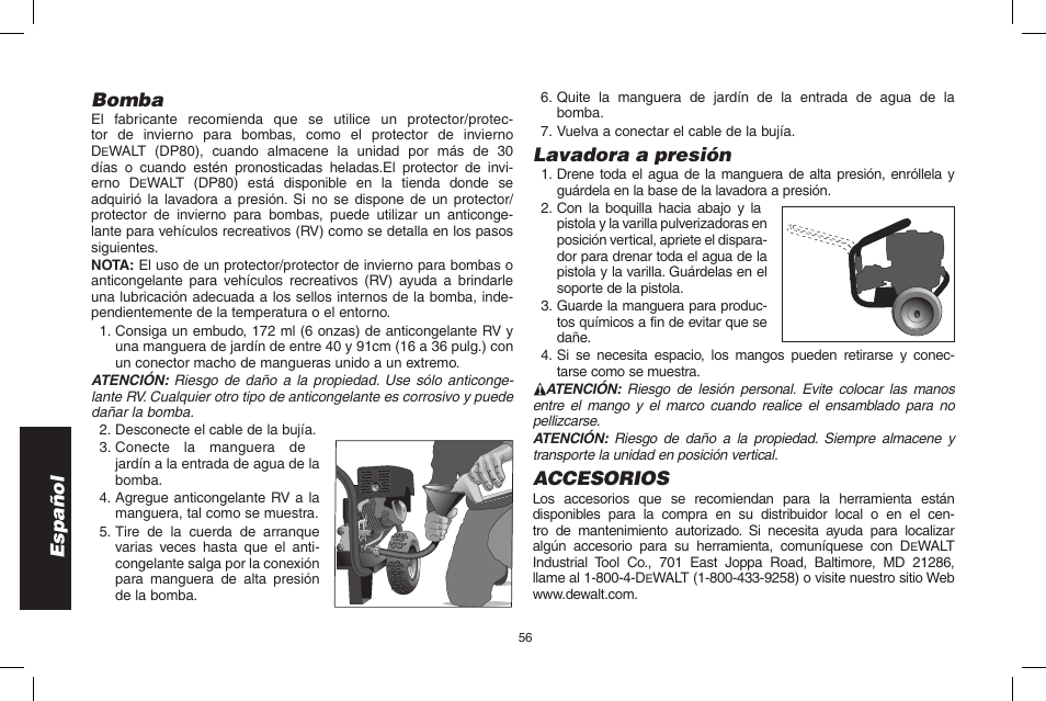 Español bomba, Lavadora a presión, Accesorios | DeWalt N000589 User Manual | Page 56 / 64