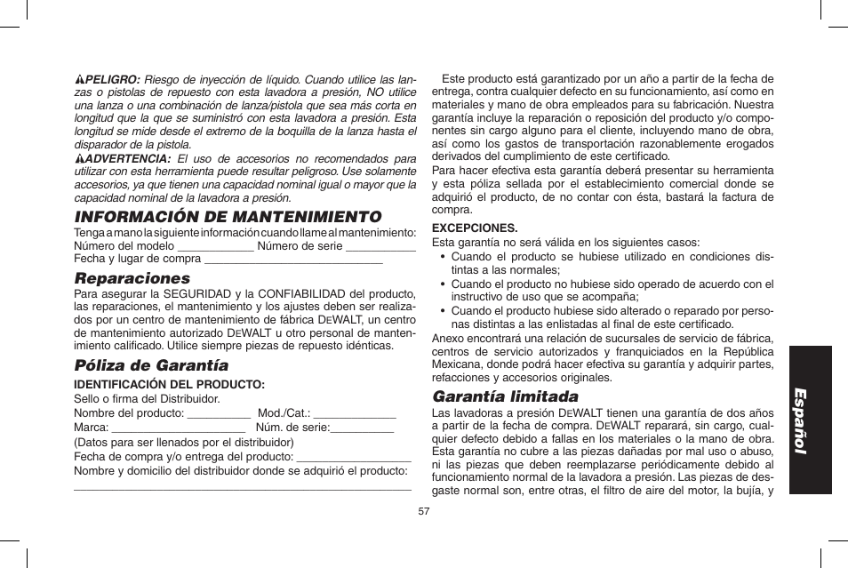 Español, Información de mantenimiento, Reparaciones | Póliza de garantía, Garantía limitada | DeWalt N000589 User Manual | Page 57 / 64