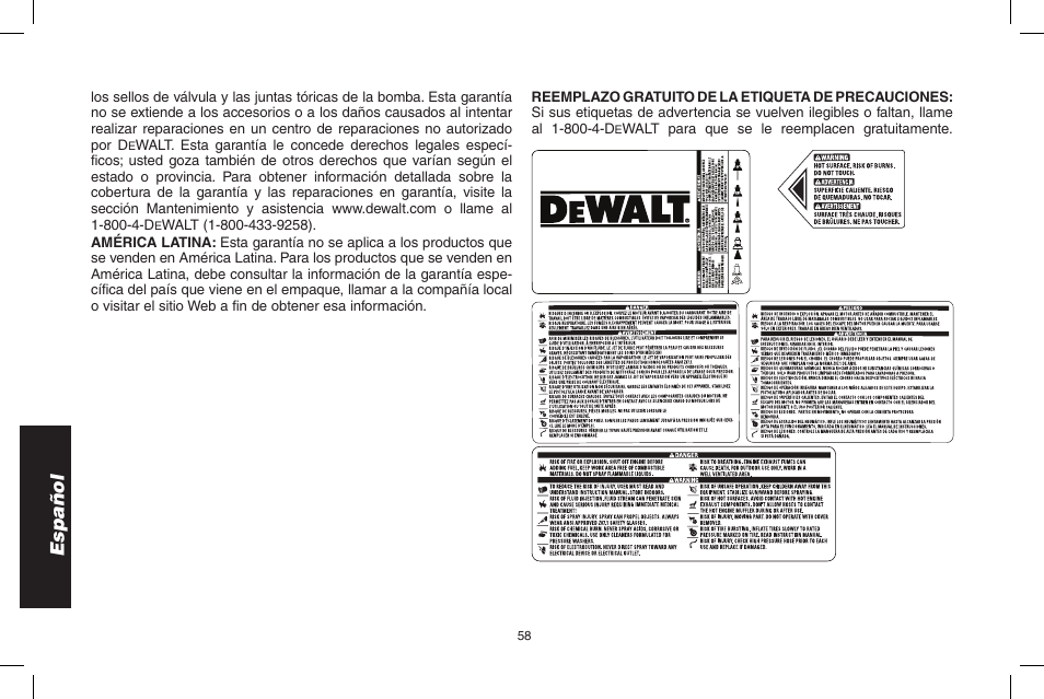 Español | DeWalt N000589 User Manual | Page 58 / 64