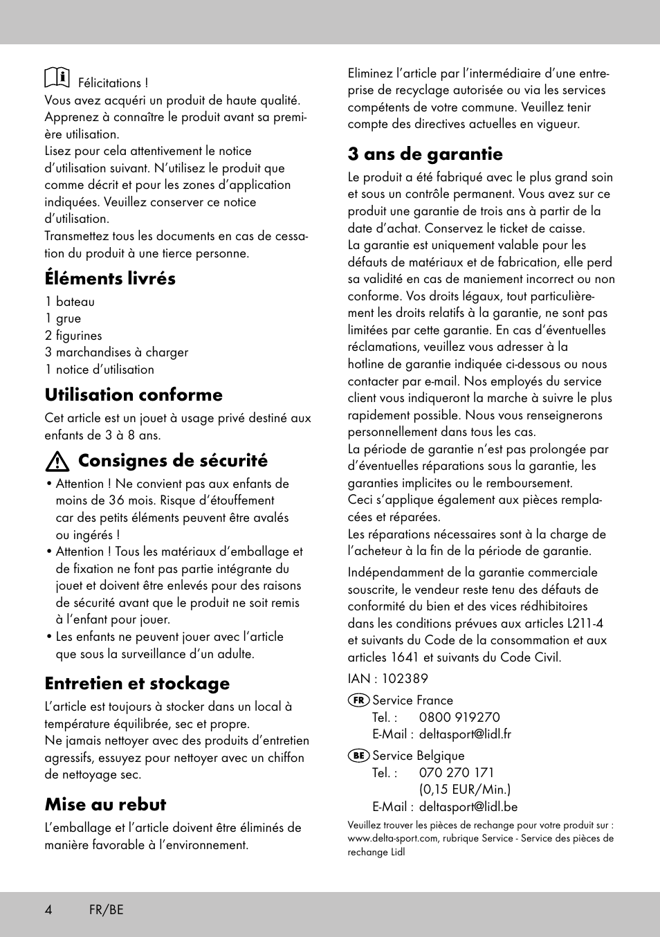 3 ans de garantie, Éléments livrés, Utilisation conforme | Consignes de sécurité, Entretien et stockage, Mise au rebut | Playtive HARBOUR User Manual | Page 4 / 8