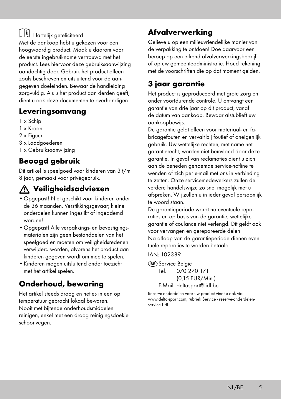 Leveringsomvang, Beoogd gebruik, Veiligheidsadviezen | Onderhoud, bewaring, Afvalverwerking, 3 jaar garantie | Playtive HARBOUR User Manual | Page 5 / 8