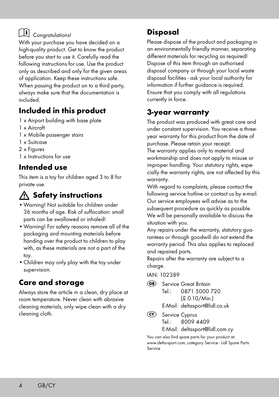 Disposal, Year warranty, Included in this product | Intended use, Safety instructions, Care and storage | Playtive AIRPORT User Manual | Page 4 / 12