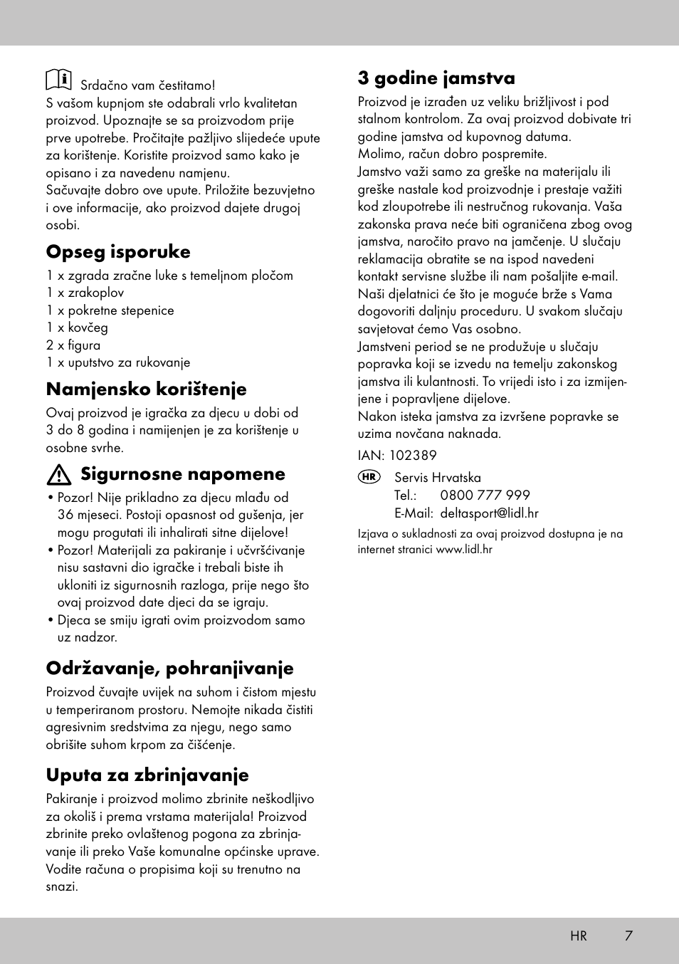 Opseg isporuke, Namjensko korištenje, Sigurnosne napomene | Održavanje, pohranjivanje, Uputa za zbrinjavanje, 3 godine jamstva | Playtive AIRPORT User Manual | Page 7 / 12