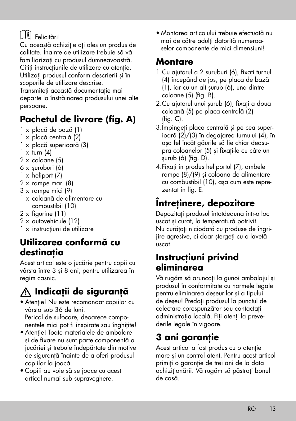 Pachetul de livrare (fig. a), Utilizarea conformă cu destinaţia, Indicaţii de siguranţă | Montare, Întreţinere, depozitare, Instrucţiuni privind eliminarea, 3 ani garanție | Playtive CAR PARK User Manual | Page 11 / 18