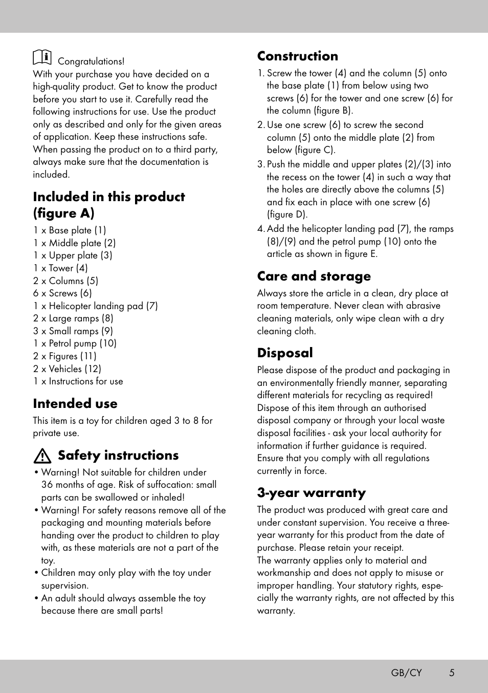 Construction, Care and storage, Disposal | Year warranty, Included in this product (figure a), Intended use, Safety instructions | Playtive CAR PARK User Manual | Page 3 / 18