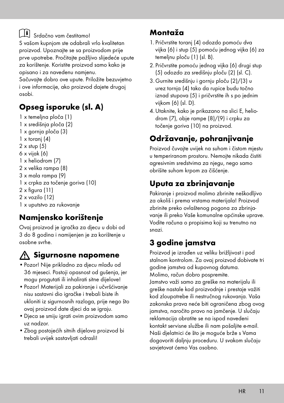 Opseg isporuke (sl. a), Namjensko korištenje, Sigurnosne napomene | Montaža, Održavanje, pohranjivanje, Uputa za zbrinjavanje, 3 godine jamstva | Playtive CAR PARK User Manual | Page 9 / 18