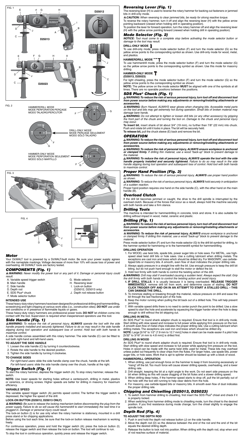 Motor, Components (fig. 1), Side handle (fig. 1) | Trigger switch (fig. 1), Reversing lever (fig. 1), Mode selector (fig. 2), Sds plus, Chuck (fig. 1), Operation, Proper hand position (fig. 3) | DeWalt Compact SDS Plus N027959 User Manual | Page 2 / 7