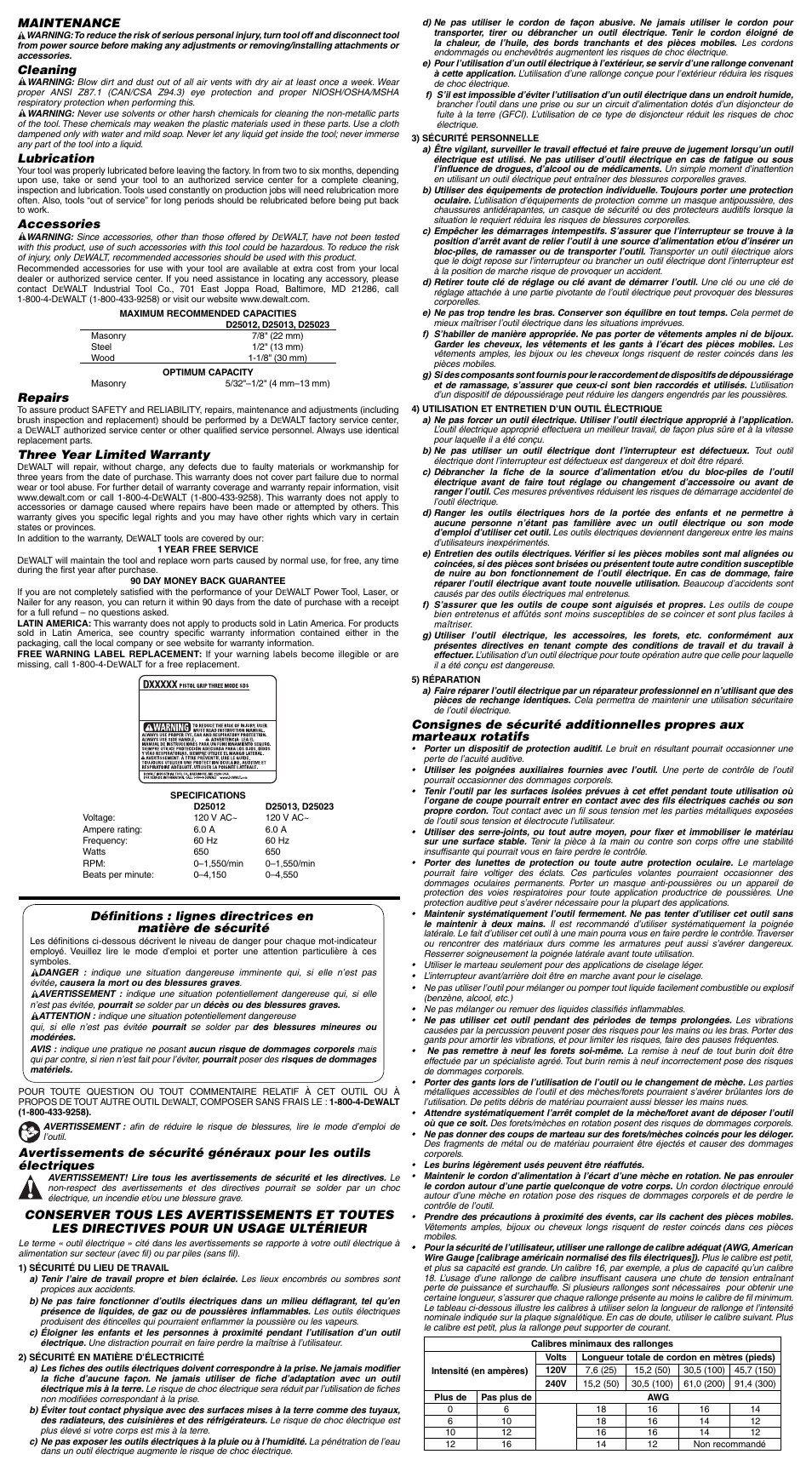Maintenance, Cleaning, Lubrication | Accessories, Repairs, Three year limited warranty | DeWalt Compact SDS Plus N027959 User Manual | Page 3 / 7
