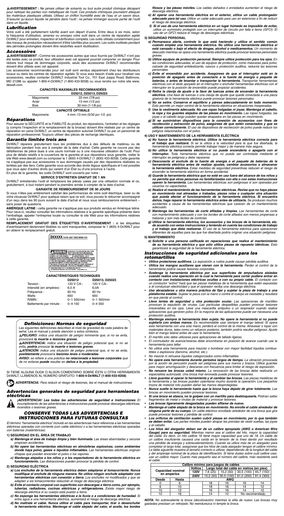 Definiciones: normas de seguridad, Lubrification, Accessoires | Réparations, Garantie limitée trois ans | DeWalt Compact SDS Plus N027959 User Manual | Page 5 / 7