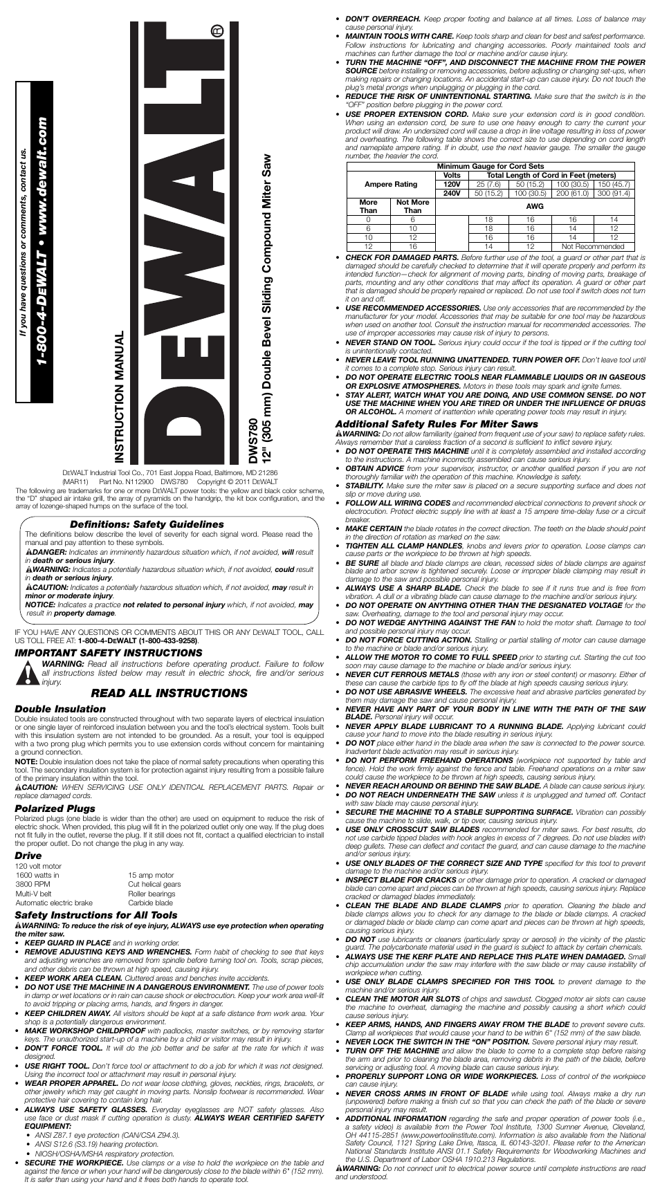 DeWalt Double Bevel Sliding Compound Miter Saw DWS780 User Manual | 7 pages