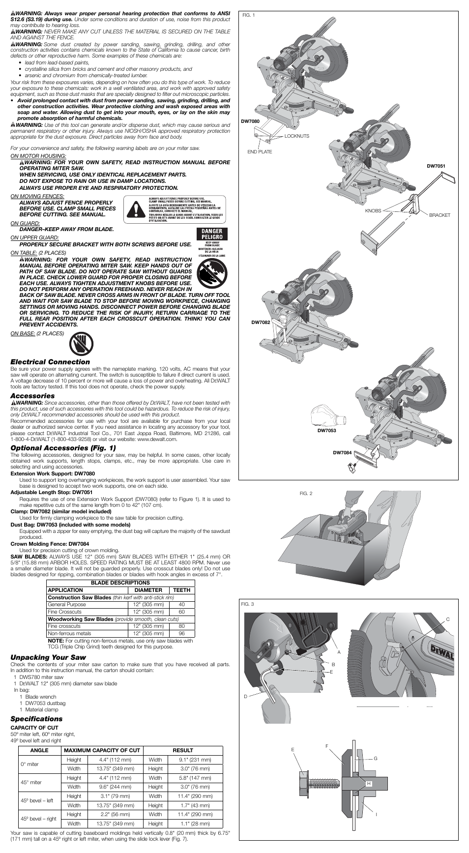 Electrical connection, Accessories, Optional accessories (fig. 1) | Unpacking your saw, Specifications | DeWalt Double Bevel Sliding Compound Miter Saw DWS780 User Manual | Page 2 / 7