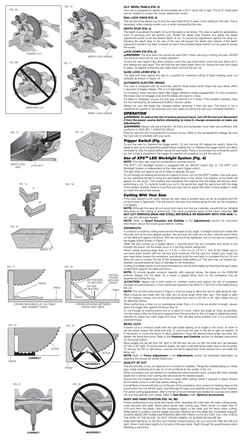 Operation, Trigger switch (fig. 4), Use of xps | Led worklight system (fig. 4), Cutting with your saw | DeWalt Double Bevel Sliding Compound Miter Saw DWS780 User Manual | Page 4 / 7
