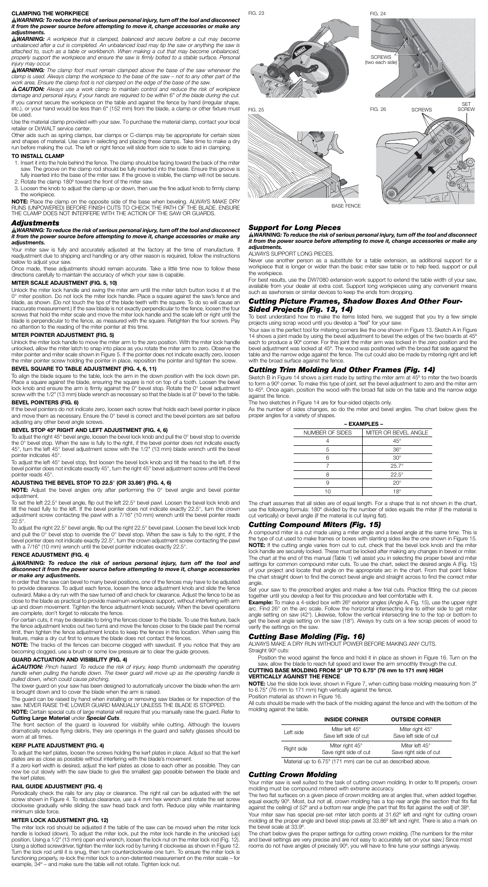 Adjustments, Support for long pieces, Cutting trim molding and other frames (fig. 14) | Cutting compound miters (fig. 15), Cutting base molding (fig. 16), Cutting crown molding | DeWalt Double Bevel Sliding Compound Miter Saw DWS780 User Manual | Page 5 / 7
