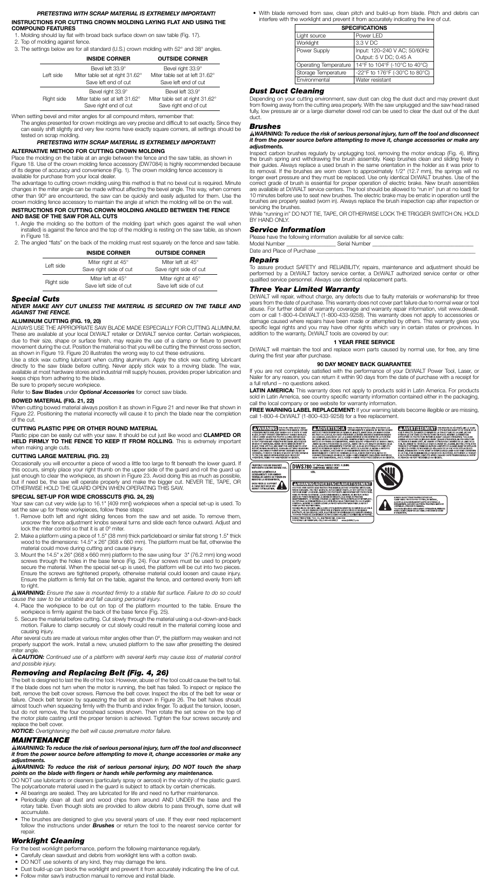 Special cuts, Removing and replacing belt (fig. 4, 26), Maintenance | Worklight cleaning, Dust duct cleaning, Brushes, Service information, Repairs, Three year limited warranty | DeWalt Double Bevel Sliding Compound Miter Saw DWS780 User Manual | Page 6 / 7