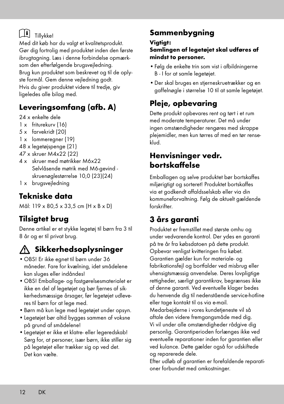 Sammenbygning, Pleje, opbevaring, Henvisninger vedr. bortskaffelse | 3 års garanti, Leveringsomfang (afb. a), Tekniske data, Tilsigtet brug, Sikkerhedsoplysninger | Playtive Toy Food Stall User Manual | Page 10 / 18