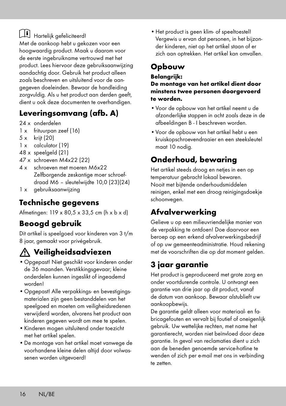 Leveringsomvang (afb. a), Technische gegevens, Beoogd gebruik | Veiligheidsadviezen, Opbouw, Onderhoud, bewaring, Afvalverwerking, 3 jaar garantie | Playtive Toy Food Stall User Manual | Page 14 / 18