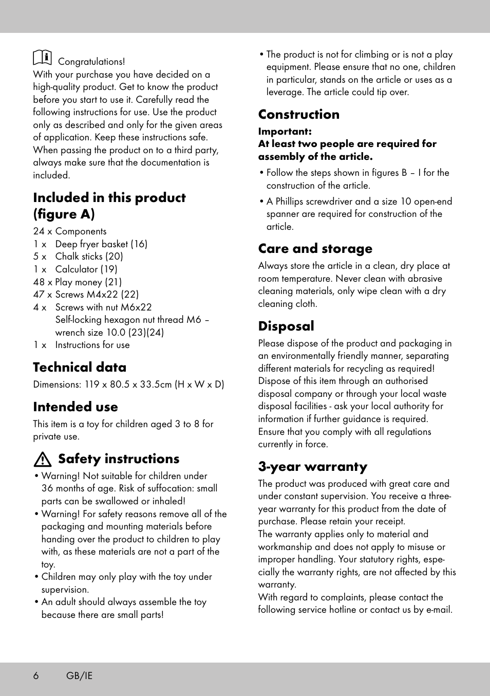 Construction, Care and storage, Disposal | Year warranty, Included in this product (figure a), Technical data, Intended use, Safety instructions | Playtive Toy Food Stall User Manual | Page 4 / 18