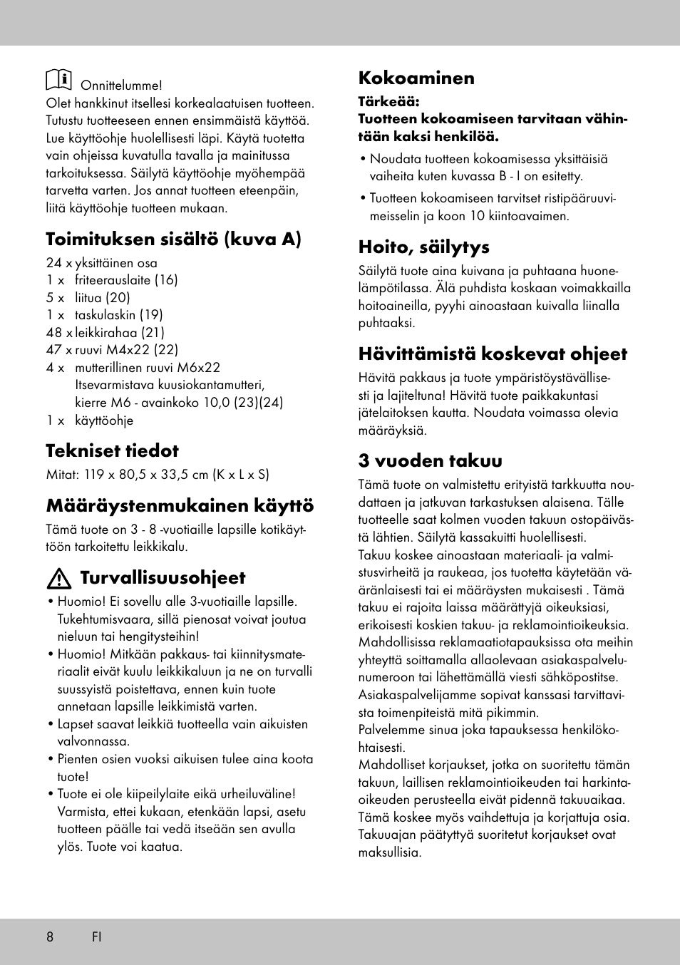 Toimituksen sisältö (kuva a), Tekniset tiedot, Määräystenmukainen käyttö | Turvallisuusohjeet, Kokoaminen, Hoito, säilytys, Hävittämistä koskevat ohjeet, 3 vuoden takuu | Playtive Toy Food Stall User Manual | Page 6 / 18