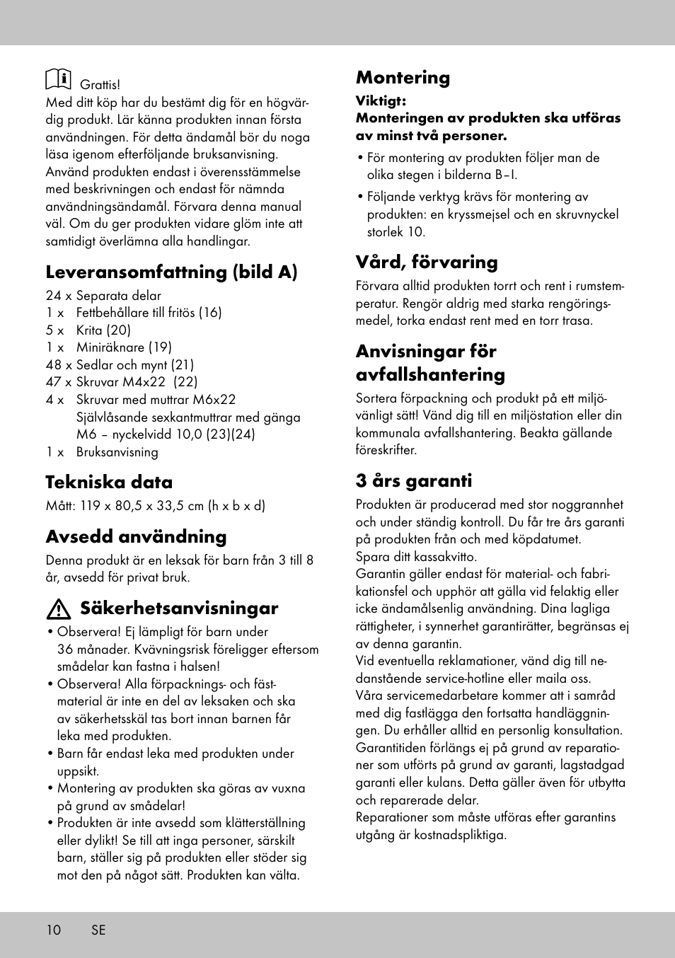 Leveransomfattning (bild a), Tekniska data, Avsedd användning | Säkerhetsanvisningar, Montering, Vård, förvaring, Anvisningar för avfallshantering, 3 års garanti | Playtive Toy Food Stall User Manual | Page 8 / 18