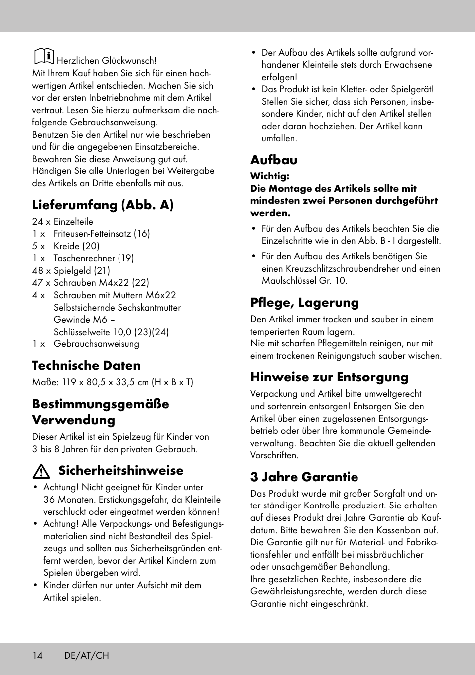 Aufbau, Pflege, lagerung, Hinweise zur entsorgung | 3 jahre garantie, Lieferumfang (abb. a), Technische daten, Bestimmungsgemäße verwendung, Sicherheitshinweise | Playtive PUESTO AMBULANTE DE COMIDA RÁPIDA BANCARELLA PER SNACK User Manual | Page 12 / 14