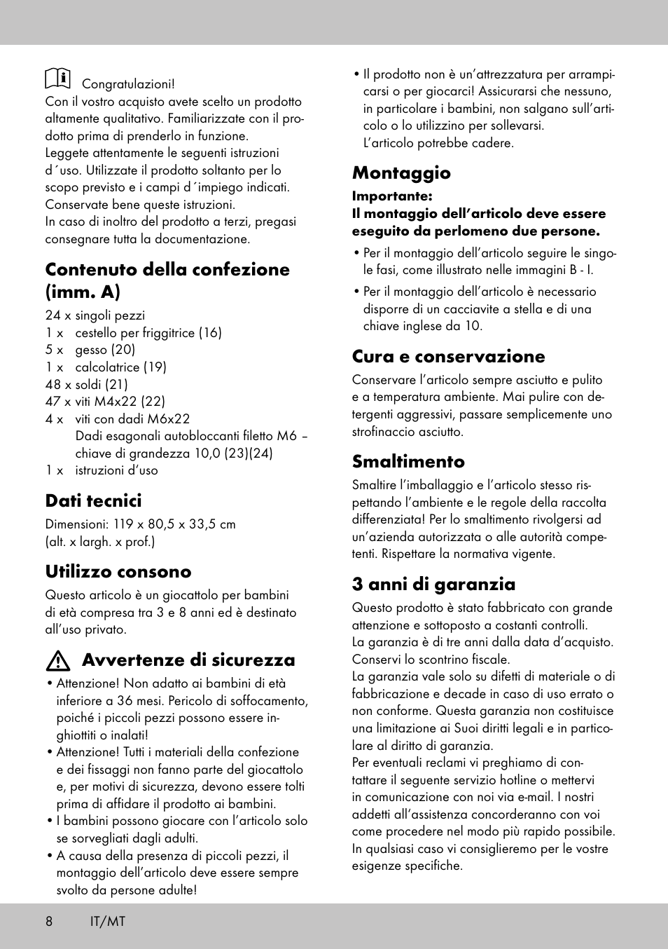 Contenuto della confezione (imm. a), Dati tecnici, Utilizzo consono | Avvertenze di sicurezza, Montaggio, Cura e conservazione, Smaltimento, 3 anni di garanzia | Playtive PUESTO AMBULANTE DE COMIDA RÁPIDA BANCARELLA PER SNACK User Manual | Page 6 / 14