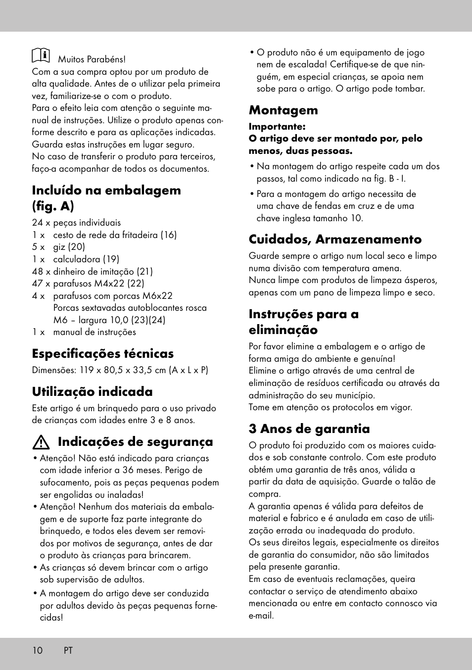 Incluído na embalagem (fig. a), Especificações técnicas, Utilização indicada | Indicações de segurança, Montagem, Cuidados, armazenamento, Instruções para a eliminação, 3 anos de garantia | Playtive PUESTO AMBULANTE DE COMIDA RÁPIDA BANCARELLA PER SNACK User Manual | Page 8 / 14