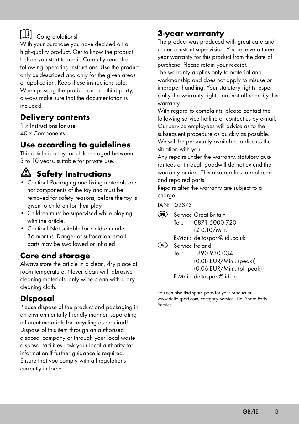 Delivery contents, Use according to guidelines, Safety instructions | Care and storage, Disposal, Year warranty | Playtive WOODEN MARBLE RUN User Manual | Page 3 / 12