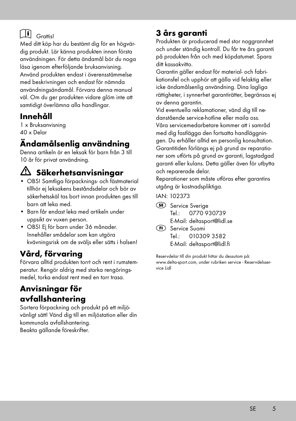 Innehåll, Ändamålsenlig användning, Säkerhetsanvisningar | Vård, förvaring, Anvisningar för avfallshantering, 3 års garanti | Playtive WOODEN MARBLE RUN User Manual | Page 5 / 12