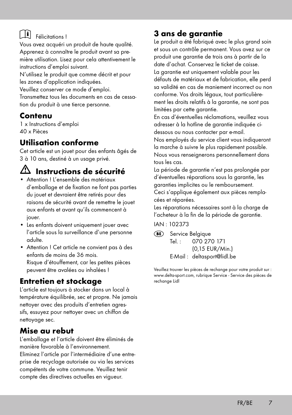 Contenu, Utilisation conforme, Instructions de sécurité | Entretien et stockage, Mise au rebut, 3 ans de garantie | Playtive WOODEN MARBLE RUN User Manual | Page 7 / 12